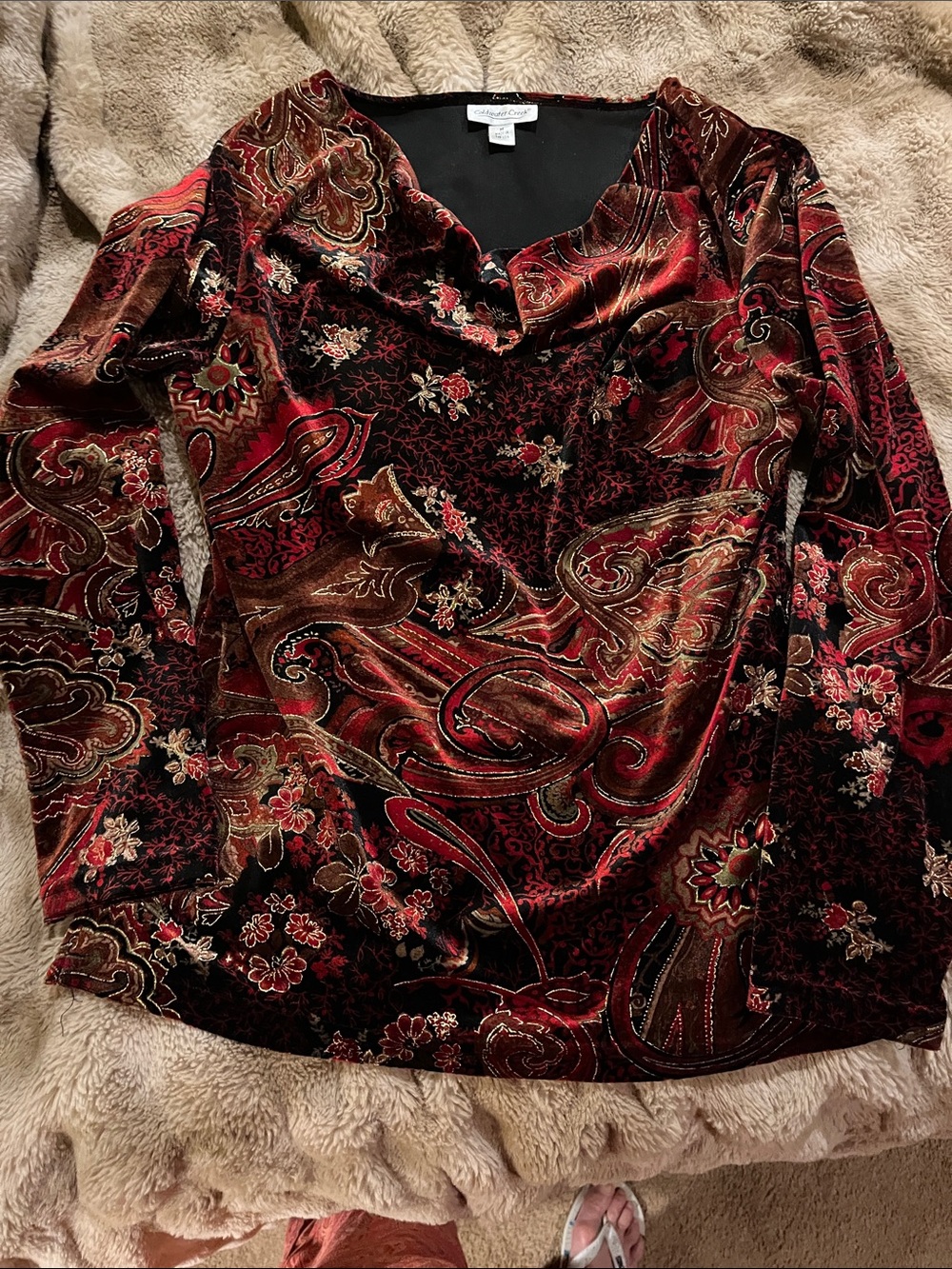 Coldwater Creek Red Multi Velvet Paisley Long-Sleeve Top